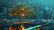 © suphakphen - abstract background, illustration of beautiful glowing tree growing on cities representing digital technology in studio.