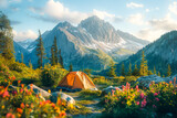 Fototapeta Kuchnia - Camping in mountains at sunny day