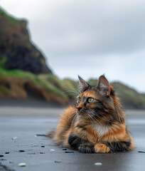 Wall Mural - Tortoiseshell cat relaxing at beach on sunny day