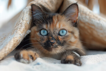 Wall Mural - Tortoiseshell cat relaxing at beach on sunny day