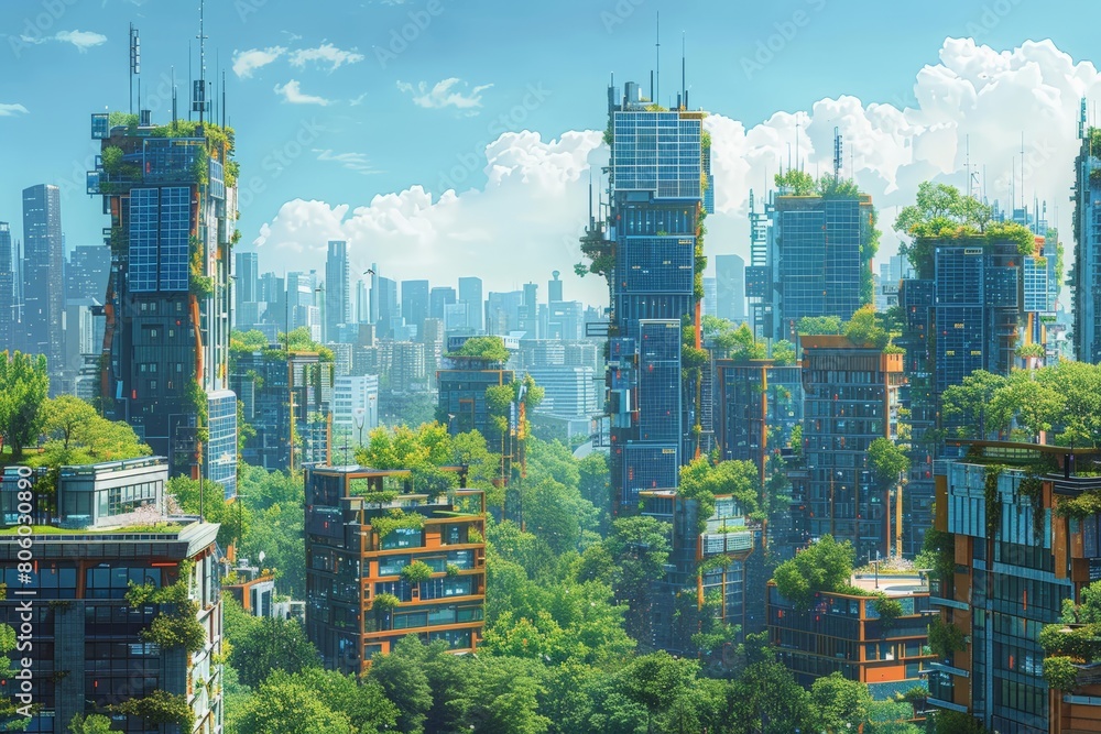 Lush vertical gardens and solar panels adorn futuristic urban towers ...