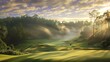 Breathtaking golf course winding through a dense forest at dawn, the dew-kissed fairways illuminated by the soft glow of the rising sun