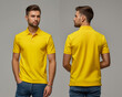 Front and back views of a man wearing a yellow polo shirt mockup template