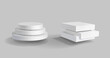 White 3d podium mockup. Round and square empty stages. Pedestal and platform in different shapes. Display showcase Isolated on white background. Product presentation element. Vector