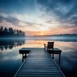 © Pakorn - A lakeside dock at dawn, with a lone chair facing the water, perfect for contemplation or simply watching the sunrise.