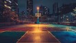 Captivating basketball court illuminated by the soft glow of twilight, the vibrant colors of the court and surrounding cityscape reflected in the polished surface