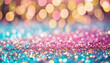 Shiny sapphire glittery bokeh with purple and gold colors sparkling festive light spotted backdrop.
