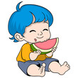 baby boy is sitting happily enjoying fresh watermelon