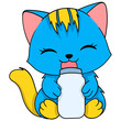 blue cat is sitting drinking pure cow milk