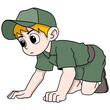 boy scout adventurer is crawling looking for something in the forest