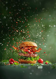 Fototapeta  - Fast food pattern of cheese burger on blue background. Poster with copy space.