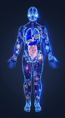 a digital illustration of the human body in blue, with glowing pink and purple organs and bacteria. 