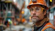 © Steveandfriend - A male construction worker wearing a hard hat, safety glasses, and a reflective vest is looking at the camera