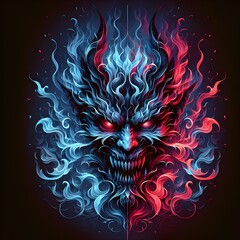 Vector illustration of a demon face with red and blue fire flames.