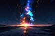 A colorful explosion in the sky with a bright blue cloud in the middle
