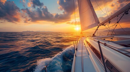 Wall Mural - Sailing yacht sailing in the open sea at sunset, view from deck to cabin of luxury sailboat. 
