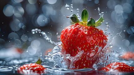 water splashing onto strawberry, in the style of cleared background, Fresh, clean fruit juice with strawberry flavor, strawberry flavored fruit drinks, fresh fruit products from organic gardens.