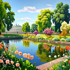 Wall Mural - Summer garden in Saint Petersburg city, landscape. Beautiful park, flowers and trees view, green lawn, grass. Famous historical place. For posters, interior decoration, calendars, prints 