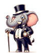 A merry elegant elephant in a business suit and top hat with a watch in hand