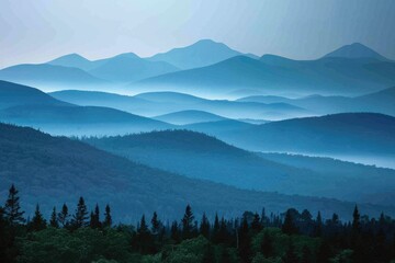Sticker - Layers of Blue Mountains in Adirondack: Captivating Nature Landscape with Fog and Morning Sky