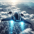 A futuristic flying machine is speeding over the city at high speed