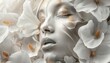 Dreamlike Portrait Submerged in White Flowers, Serene Female Face with Golden Accents, Ethereal Floral Art, Surreal Beauty, Delicate Blossoms