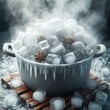 Ice cubes in a pan in a frozen atmosphere