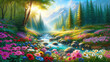 Picturesque summer landscape with colorful flowers near a stream on a meadow in the mountains