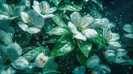 Wall Mural - Fresh Jasmine Flowers Blooming, Delicate Petals Dotted with Morning Dew, Symbolizing Spring Renewal