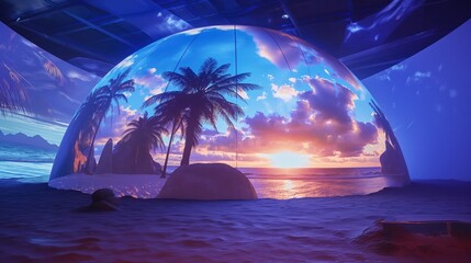 Wall Mural - a futuristic vr dome with projections of exotic destinations, offering a 360-degree immersive travel