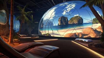 Wall Mural - a futuristic vr dome with projections of exotic destinations, offering a 360-degree immersive travel