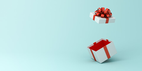 Aufkleber - Open gift box or white present box with red ribbon and bow isolated on light blue pastel color background with shadow and blank copy space minimal concepts 3D rendering