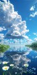 Blue sky and white clouds reflecting on the lake with white flowers in the foreground