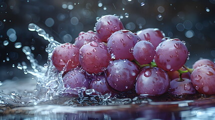 water splashing onto a purple grape, in the style of cleared background, Fresh, clean fruit juice with a purple grape flavor, a flavored fruit drinks, fresh fruit products from organic gardens.