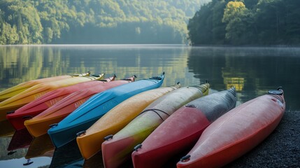 Wall Mural - A neatly arranged lineup of sleek racing kayaks by a lakeside, each reflecting the early morning light.