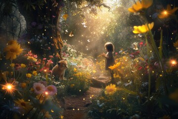 Wall Mural - Happy children walking at fantasy forest with glowing flower with magical moment surrounded with fantasy animal. Attractive girl walking at enchanted wild garden landscape. Abstract background. AIG42.