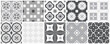 Collection of monochrome seamless geometric mosaic patterns - vintage tile textures. Decorative ornamental abstract backgrounds. Vector gray and white repeatable tileable prints