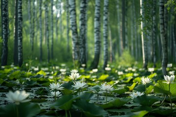 Wall Mural - White water lilies in a pond surrounded by a birch forest