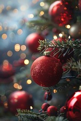 Poster - Red Christmas ornaments hanging on a fir tree