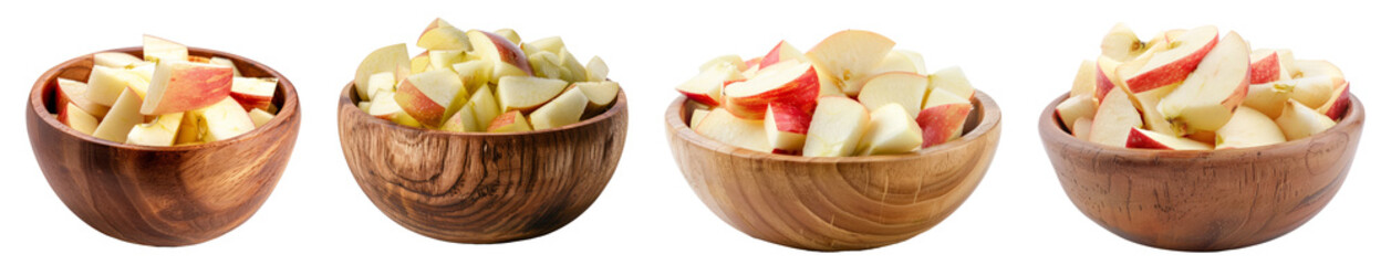 Wall Mural - Apple pieces in a wooden bowl isolated on white background