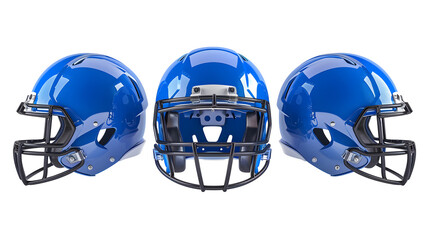 Set of modern blue football safety helmets, sports protection for the head. Isolated on a transparent background. 