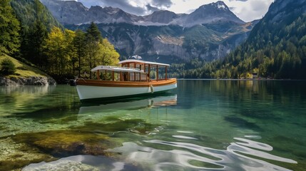 Wall Mural - A small electric ferry boat on a clear mountain lake, providing low-impact tours to minimize environmental disturbance.