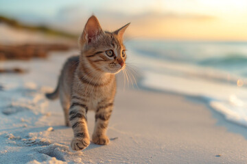 Wall Mural - A cat walking at the beach with beautiful sunset, peaceful day