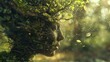 Craft an intricate scene merging psychological symbolism with natures beauty in a side profile The subjects profile must blend seamlessly with a serene forest backdrop