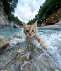 Wall Mural - A cat walking at the beach with beautiful sunset, peaceful day