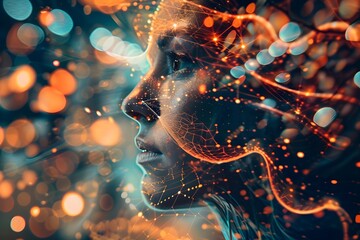 Wall Mural - A woman's face is shown in a blurry, abstract style with a lot of dots and lines. The image has a dreamy, surreal quality to it, as if the woman is floating in a sea of light. The colors are bright