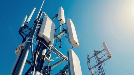 Close-up on a 5G cell site with advanced antennas, sharp focus on hardware details, clear blue sky background 