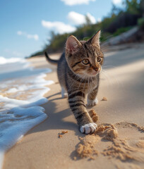 Wall Mural - A cat walking at the beach with beautiful sunset, peaceful day