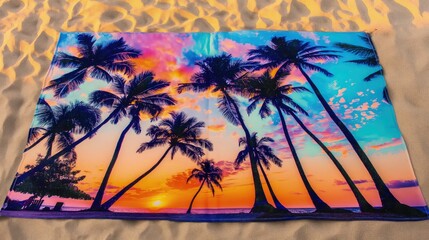 Wall Mural - A vibrant beach towel with a tropical print featuring palm trees and sunsets spread out on a sandy beach.