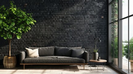 black brick wall with sofa and table, and tree pot on the side